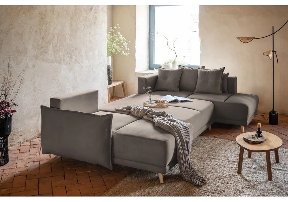 Светлокафяв ъглов диван от велур (десен ъгъл/U-образна форма) Lazy Lukka - Miuform