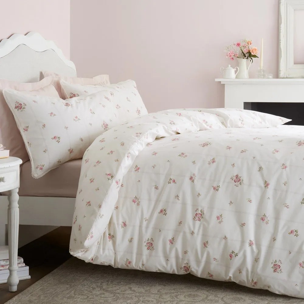 Кремаво двойно 3 части спално бельо от памук перкал 200x200 cm Vintage Rosebud Lace – Bianca