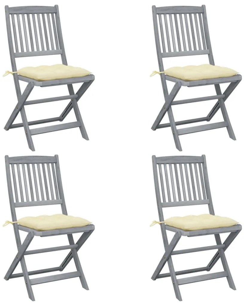 3064580 vidaXL Сгъваеми градински столове, 4 бр, с възглавници, акация масив