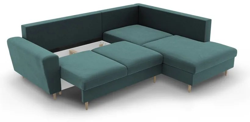 Кадифен разтегателен ъглов диван с място за съхранение в петролен цвят (десен ъгъл/L форма) Kyoto – Cosmopolitan Design