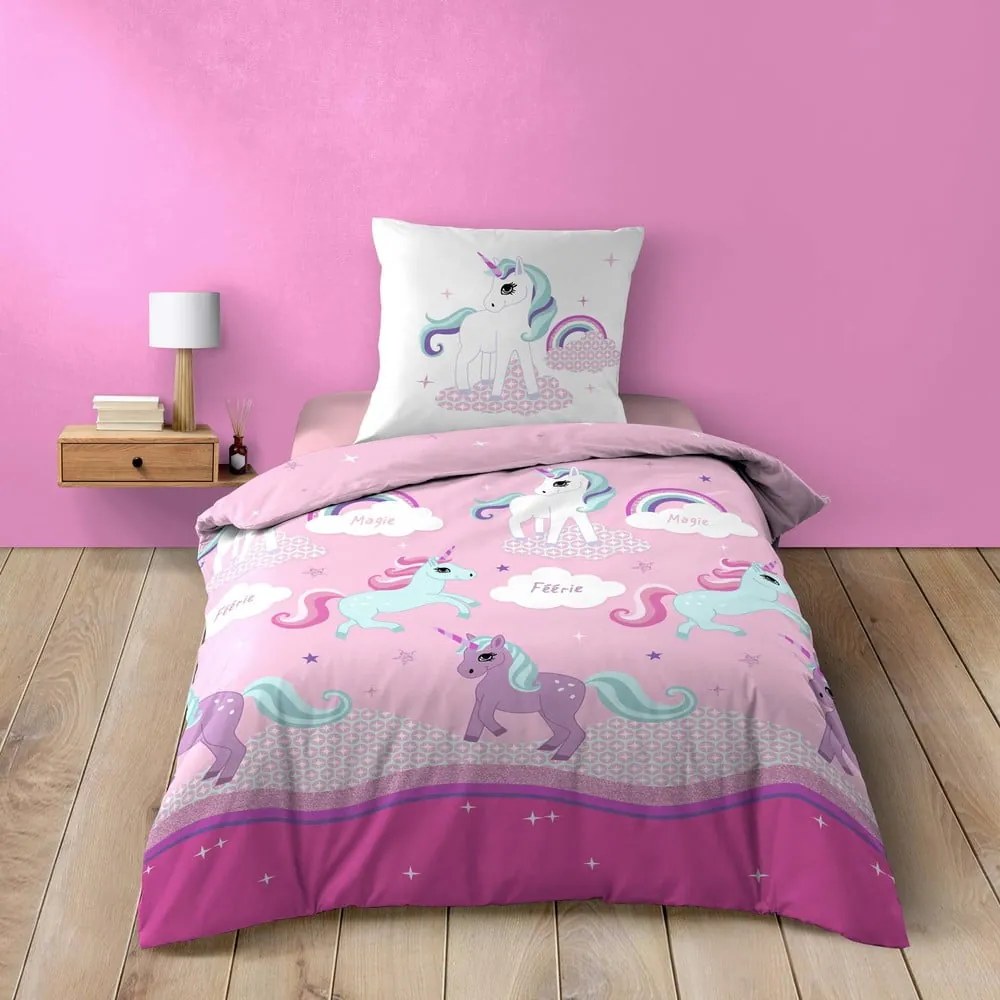 Розово единично памучно детско спално бельо 140x200 cm Licorne – douceur d'intérieur