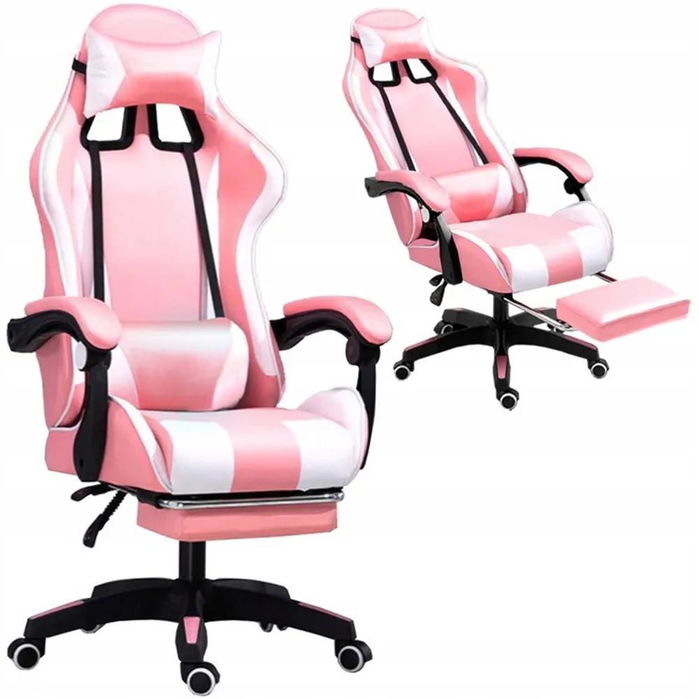 Комфортен гейминг стол с розово-бяла масажна възглавница