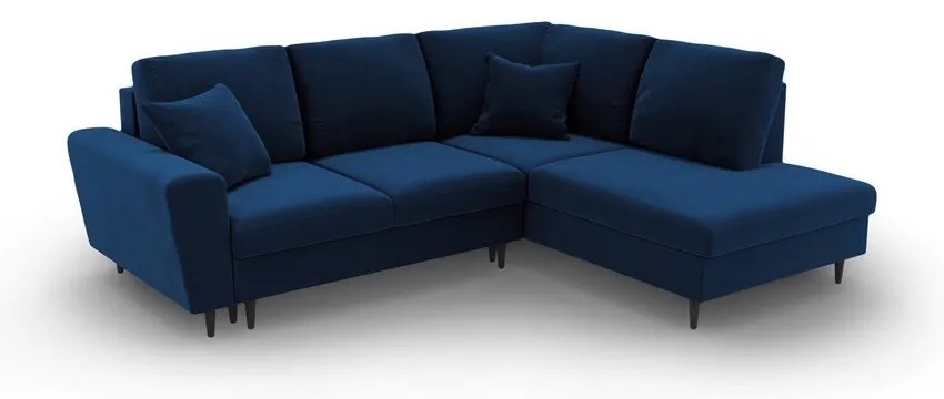 Син кадифен разтегателен ъглов диван с място за съхранение (десен ъгъл/L форма) Kyoto – Cosmopolitan Design