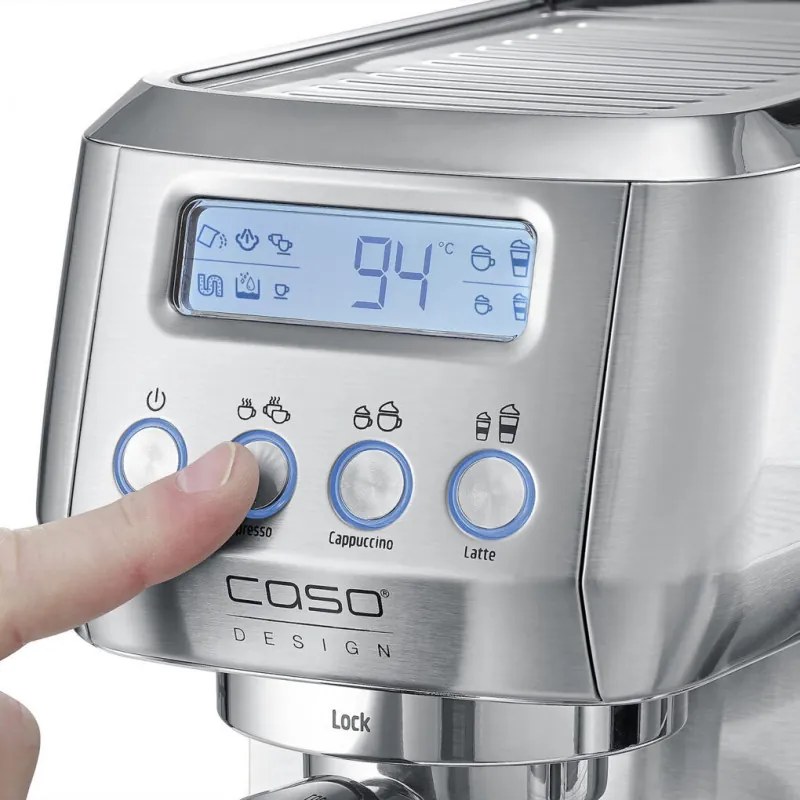 Еспресо машина Caso Gourmet Latte, 1350W, 20 bar, 1.3 л, ULKA, 6 програми, Предварително запарване, Портафилтър, ESE, Инокс