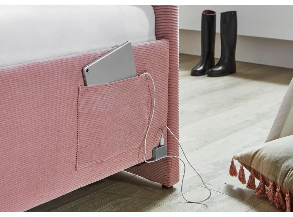 Розово тапицирано ъглово детско легло 140x200 cm с място за съхранение с включена подматрачна рамка Cool – Meise Möbel