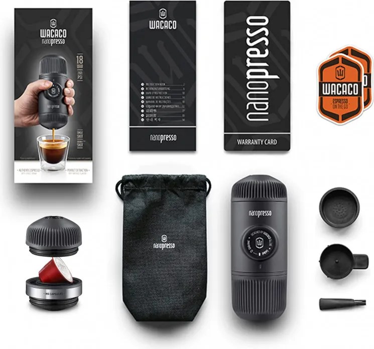 Преносима еспресо машина Wacaco Nanopresso Classic, NS Адаптер за Nespresso капсули, 18bar, 80 мл, Без необходимост от зареждане и батерии, Черен