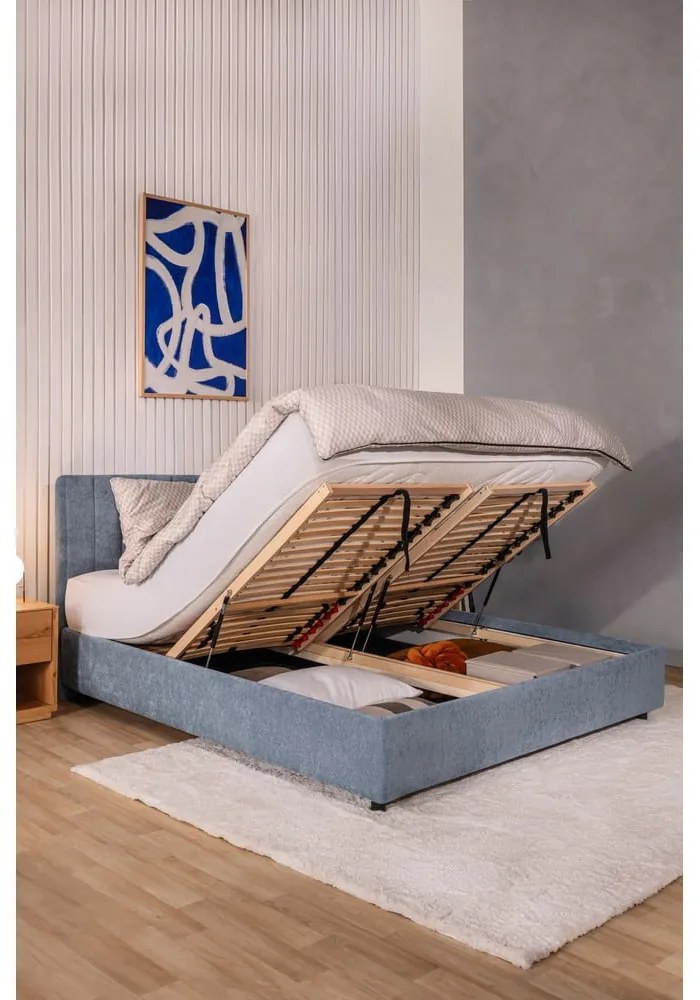 Синьо тапицирано двойно легло с място за съхранение и включена подматрачна рамка 180x200 cm Myra Slim Line – Bonami Selection