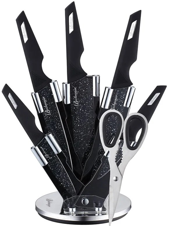 Комплект ножове с поставка BACHMAYER BM 313, 7 части, Ножици, Неръждаема стомана, Черен