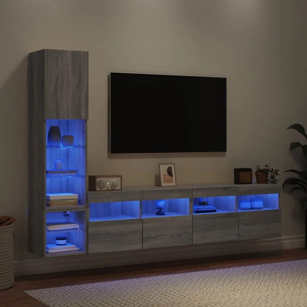 3216716 vidaXL ТВ стенни модули с LED, 4 части, сив сонома, инженерно дърво
