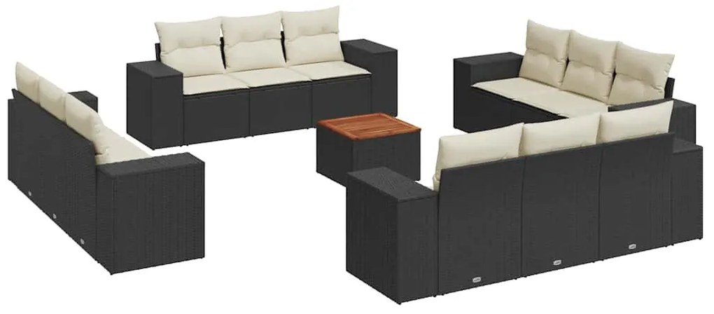 3257708 vidaXL Градински диван с възглавници, 13 части, черен, полиратан