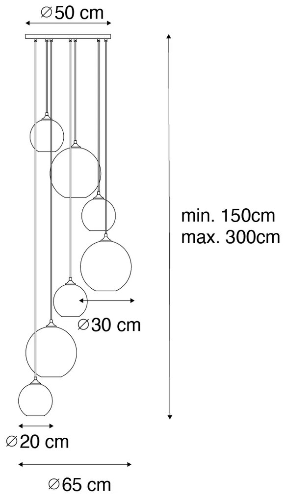 Смарт висяща лампа черна с кръгло димно стъкло 7 светлини вкл. 7 Wifi A60 - Sandra