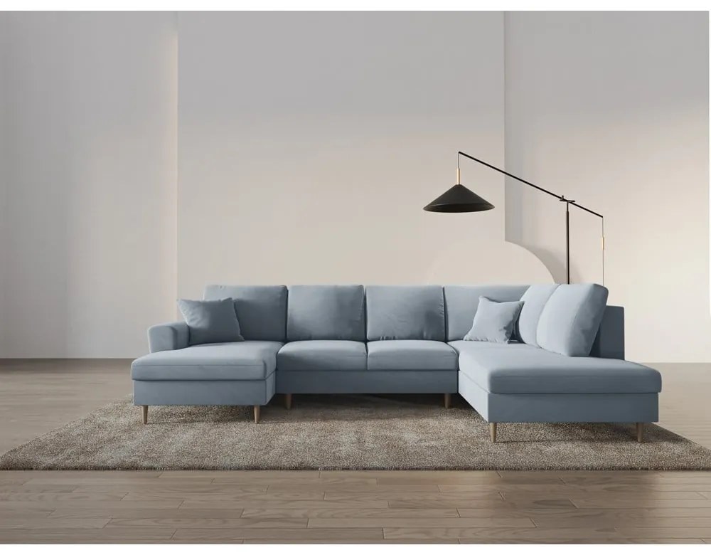 Светлосин кадифен разтегателен ъглов диван с място за съхранение (десен ъгъл/U форма) Kyoto – Cosmopolitan Design