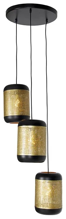 Висяща лампа в ретро стил черна с месинг кръгла 3-светлина - Kayleigh