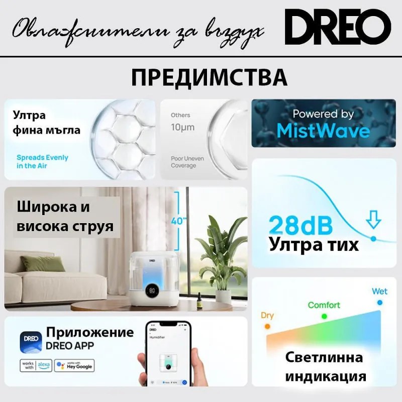 Ултразвуков овлажнител за въздух DREO 420S, До 25 м2, 300 мл/ч, 4 л, Автоматично регулиране, Нощен режим, Таймер, LED, Черен