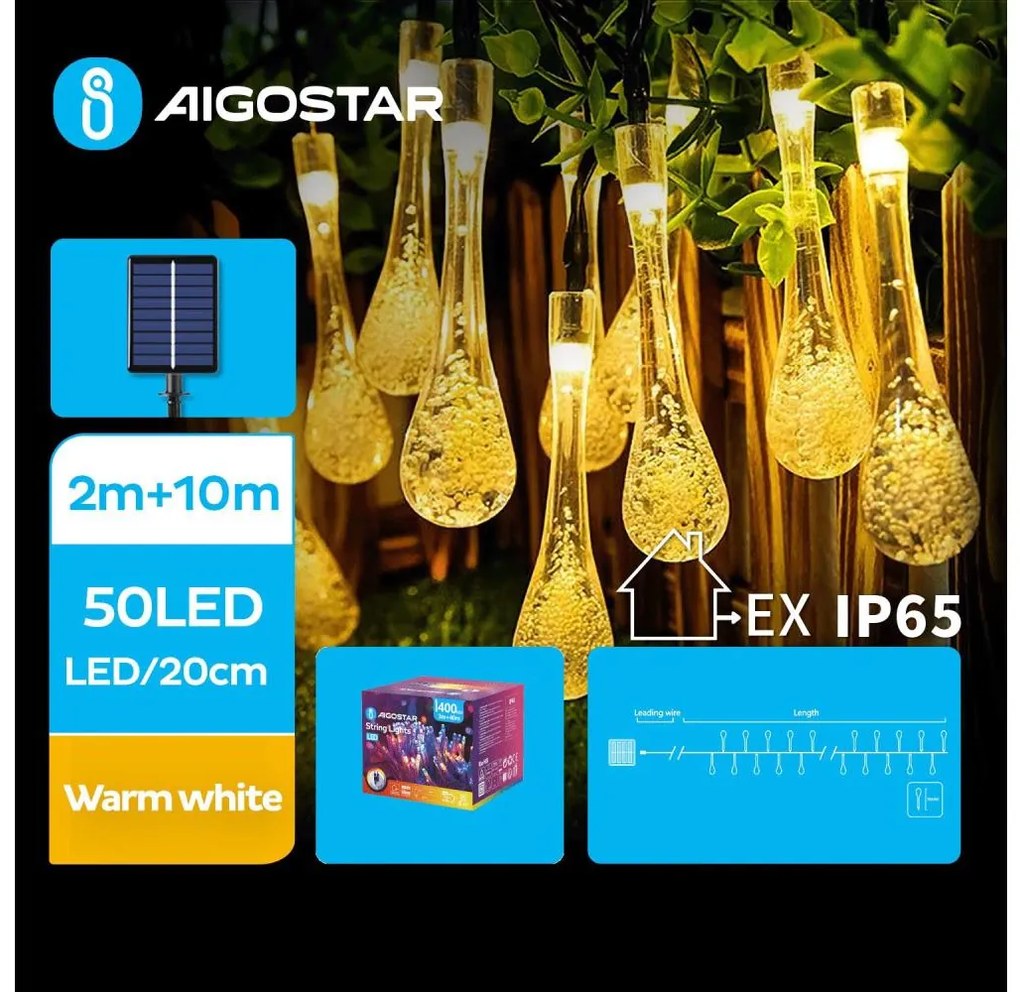 Aigostar - LED соларен декоративен низ 50 LED/8 функции 12м IP65 топло бяло