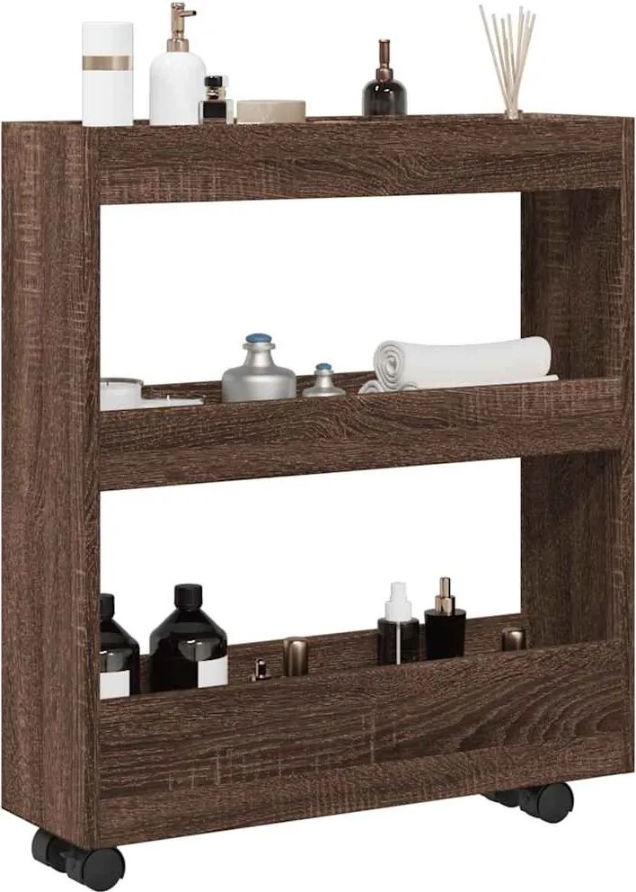 855247 vidaXL Тясна количка за съхранение 3 нива кафяв дъб инженерно дърво