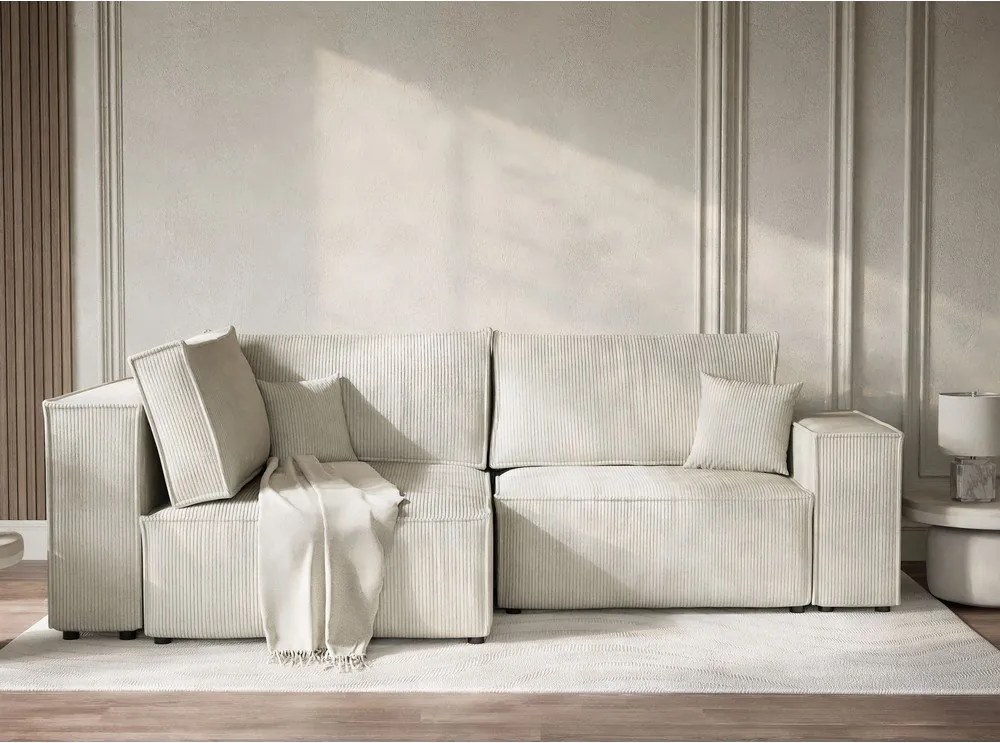 Кремав сгъваем/с място за съхранение ъглов диван от рипсено кадифе (ляв ъгъл/L форма) Tonga – Maison de Rêve