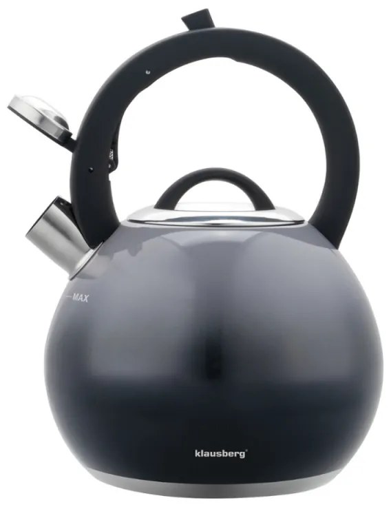 Свирещ чайник Klausberg KB 7955, 3l, Термоизолирана дръжка, Многослойно дъно, Индукция, Тъмносив графит