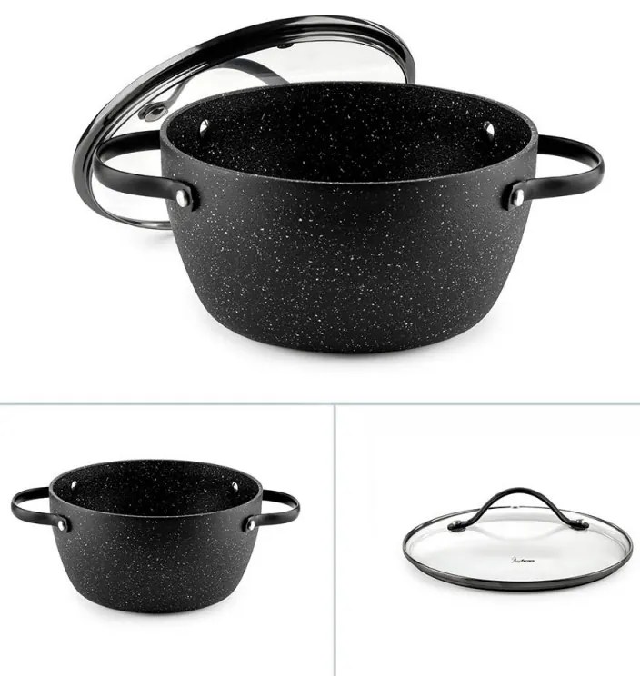 Тенджера Luigi Ferrero Symphony FR-2010, 20x10.5 см, 2.6 л, Незалепващо покритие, Стъклен капак с отвор за пара, Стоманени дръжки с PVD, Индукция, Черен мрамор