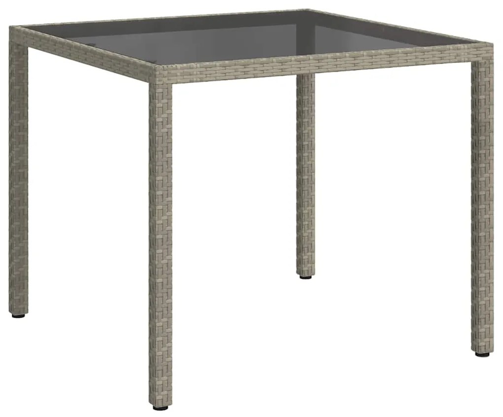 316701 vidaXL Градинска маса, 90x90x75 см, закалено стъкло и полиратан, сива