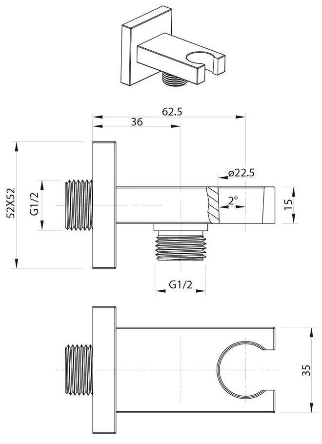 Месингова част за свързване към душ в лъскаво сребристо – Sapho