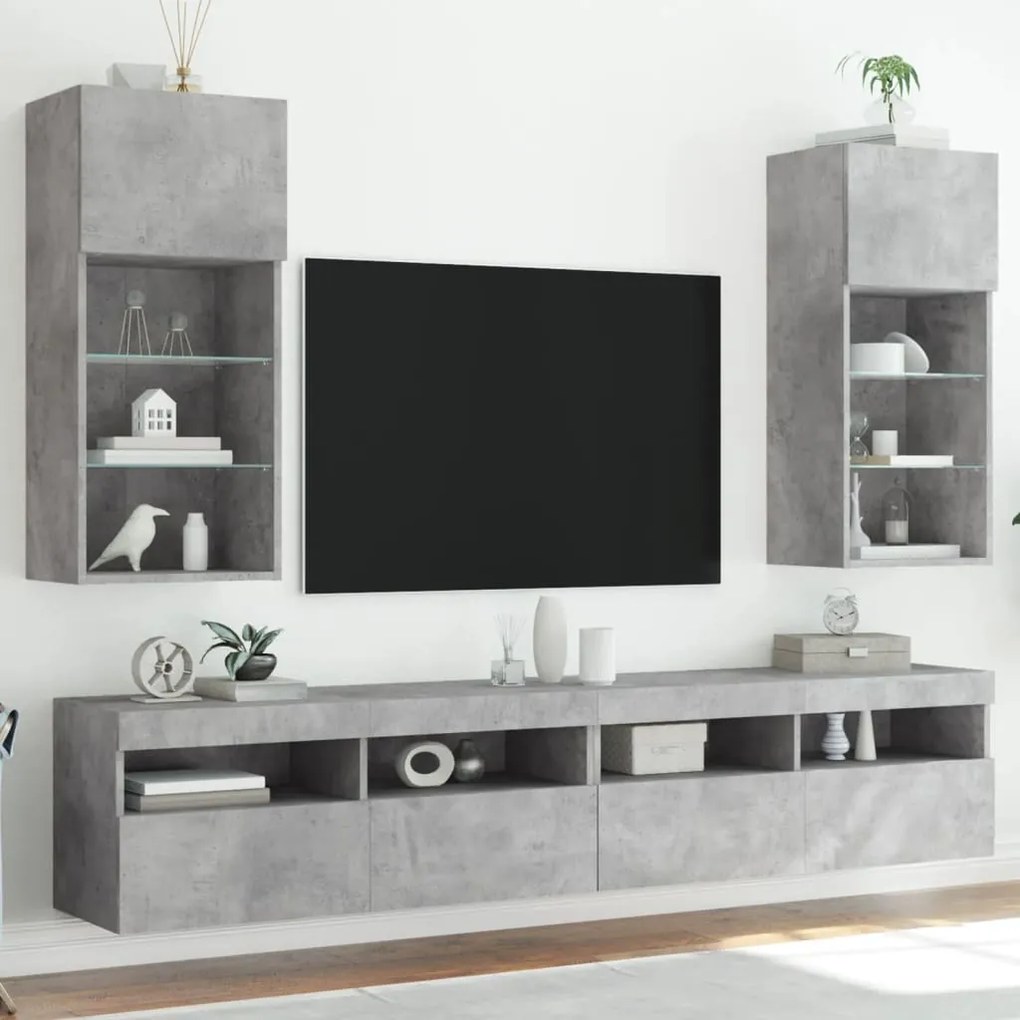 837050 vidaXL ТВ шкафове с LED осветление 2 бр бетонно сиви 40,5x30x90 см