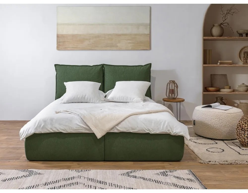 Тъмнозелено двойно тапицирано легло с място за съхранение с включена подматрачна рамка 180x200 cm Garance – Bobochic Paris