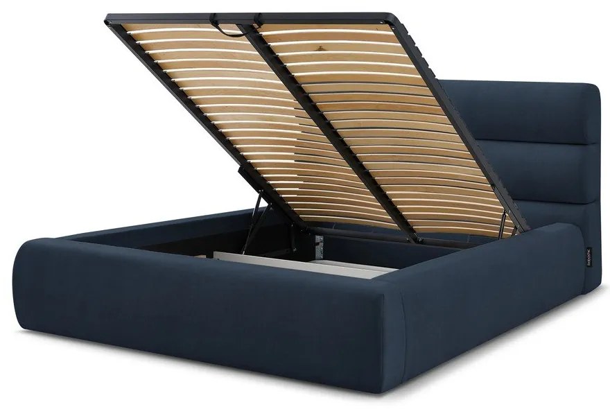 Тъмносиньо тапицирано двойно легло с място за съхранение с решетка 160x200 cm Jagna - Bobochic Paris