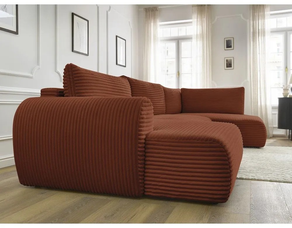 Разтегателен ъглов диван от рипсено кадифе в тухлен цвят (ляв ъгъл/"U" форма) Lucien – Bobochic Paris