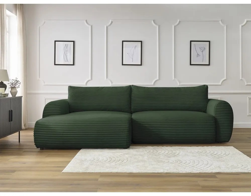 Тъмнозелен разтегателен ъглов диван от рипсено кадифе (ляв ъгъл) Lucien – Bobochic Paris