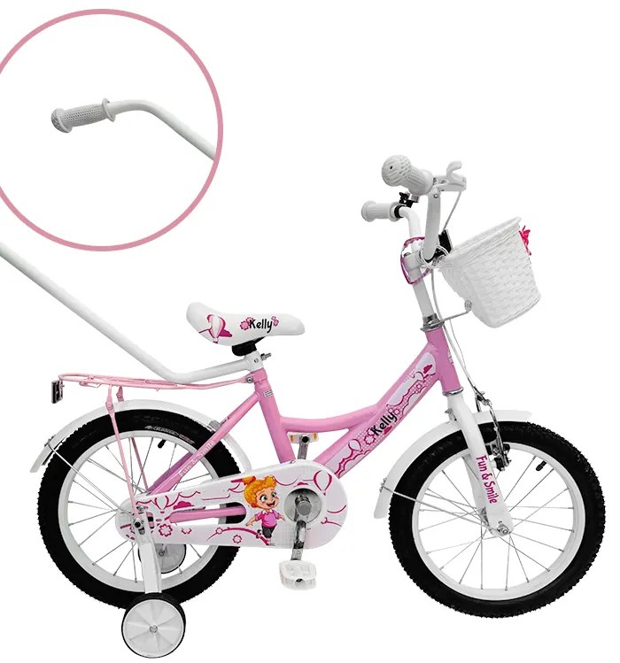 Детски велосипед с помощни колела, водеща щанга, кошница и звънец 12 – за деца на възраст от 2,5 до 4 години