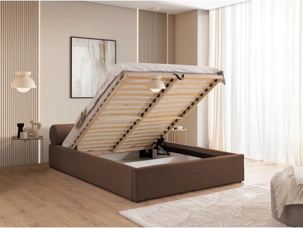 Кафяво тапицирано двойно легло с място за съхранение и включена подматрачна рамка 160x200 cm Cille – Ropez