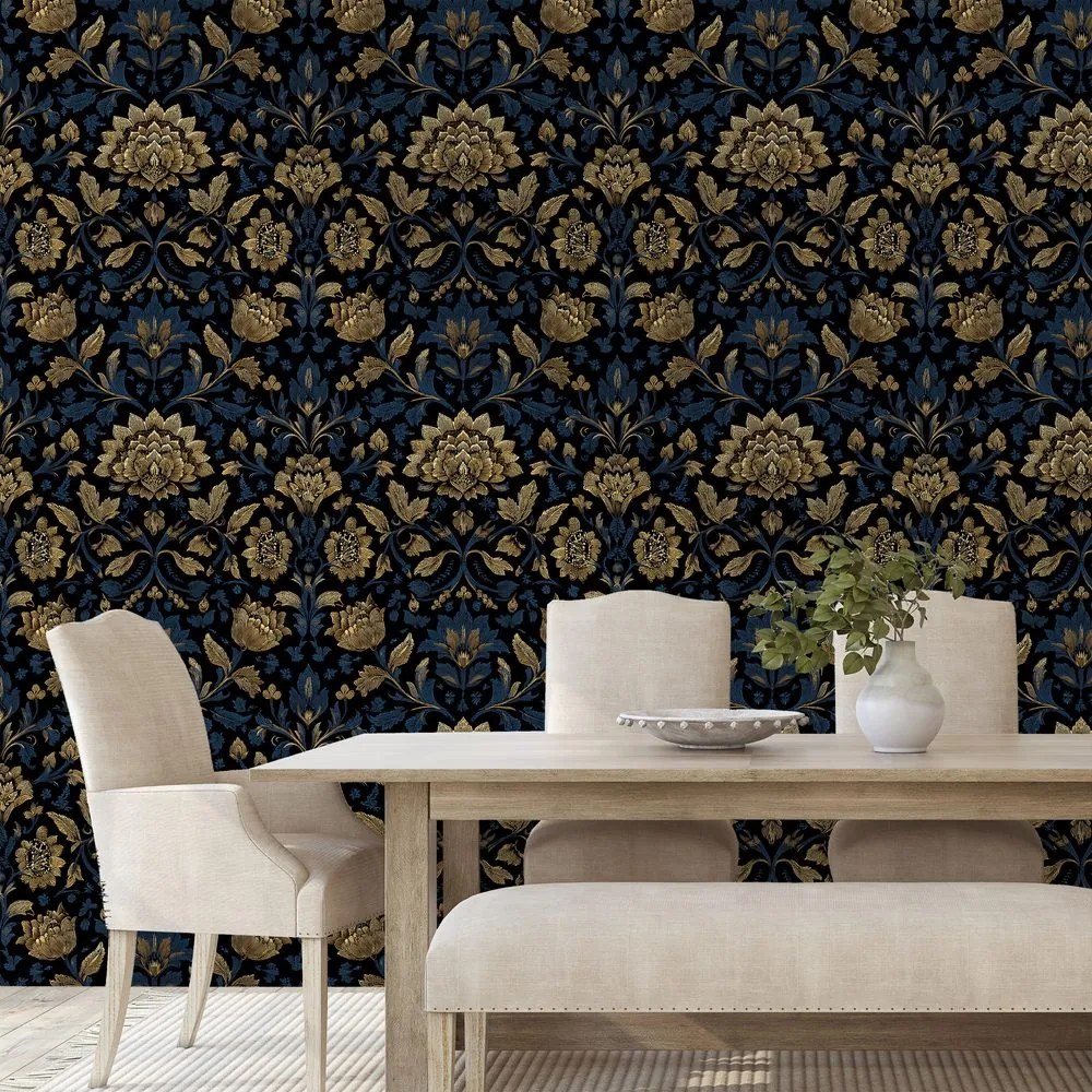 Самозалепващ тапет – Златни цветя на тъмен фон