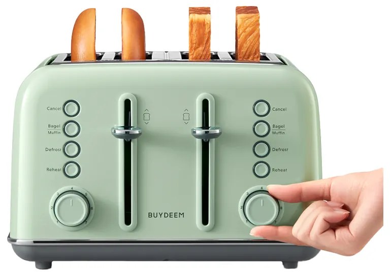 Тостер за хляб BUYDEEM DT640E, 1800W, 4 слота, 7 автоматични програми, 7 степени на препичане, LED индикатори, Тави за трохички, Високо изскачане, Зелен