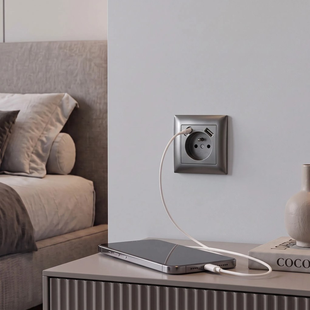 Единичен контакт със заземяване + USB-A USB-C OSTE JNH004-G Grey