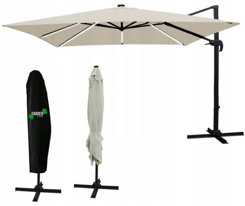 Бежов градински чадър с LED осветление 3 x 3 м