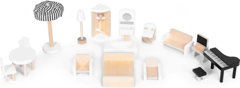 Многоетажна дървена къща за кукли с мебели