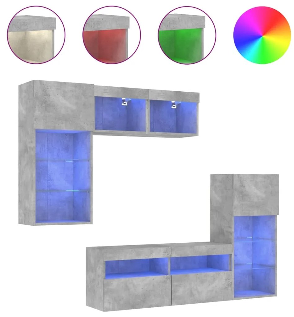 3216728 vidaXL ТВ стенни модули с LED, 5 части, бетонно сиви, инженерно дърво