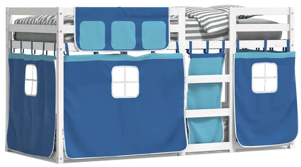 3283914 vidaXL Двуетажно легло със завеси синьо 75x190 см масивно борово дърво