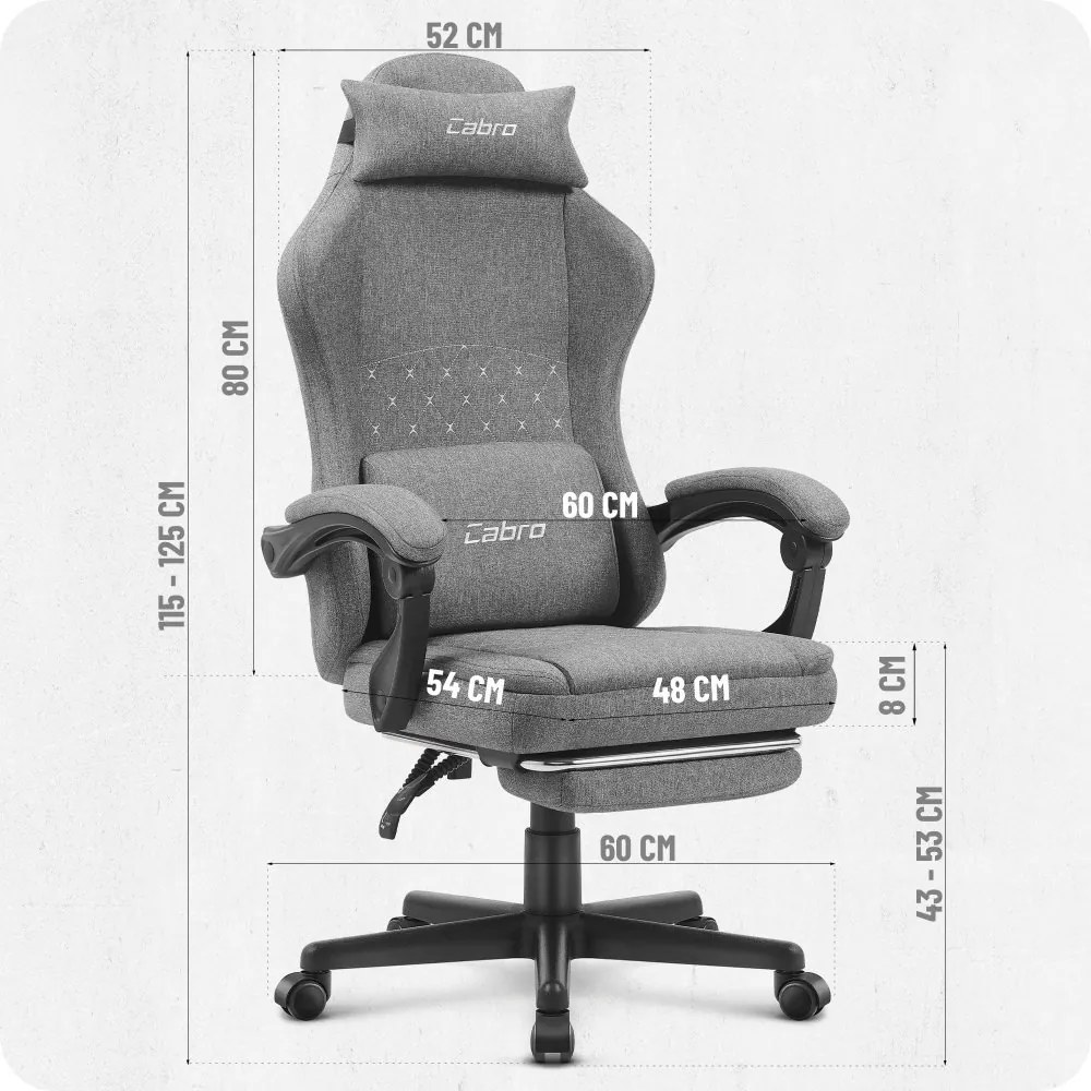 CABRO C503 дизайнерски геймърски стол с подложка за крака, до 150 кг, сив