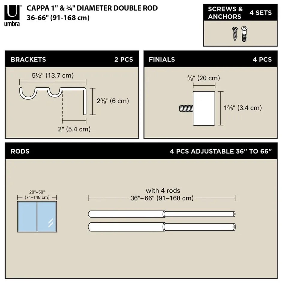 Стоманен разтегателен двоен корниз 91 - 168 cm Cappa - Umbra
