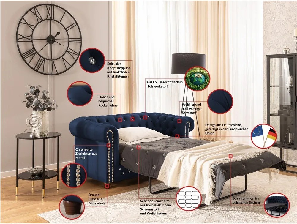 Син кадифен разтегателен диван 148 cm York Blik – Ropez