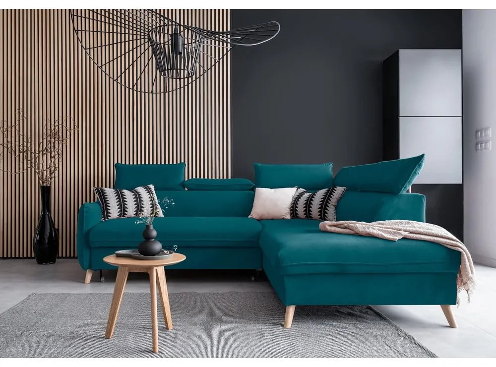 Ъглов разтегателен диван от тюркоазено кадифе (десен ъгъл) Sweet Harmony - Miuform