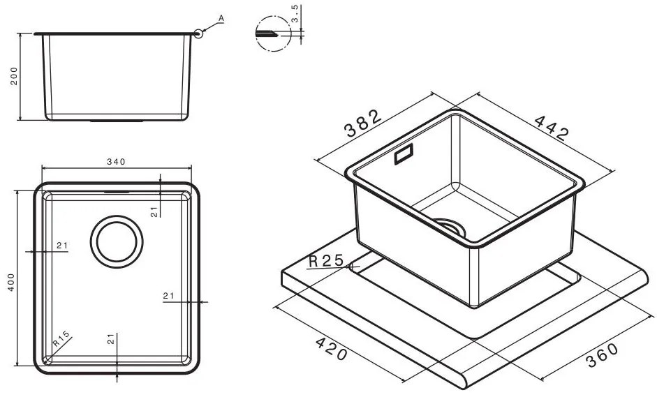 Apell Linear Plus Sink Sub-38.2 x 44.2 cm