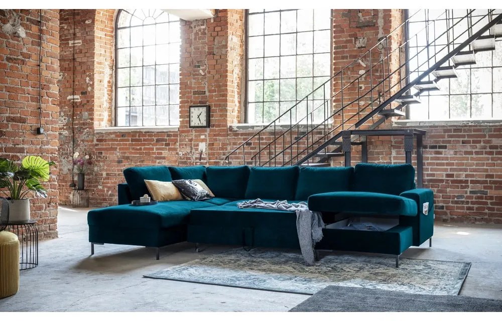 Кадифен разтегателен ъглов диван петролен (ляв ъгъл) Lofty Lilly – Miuform