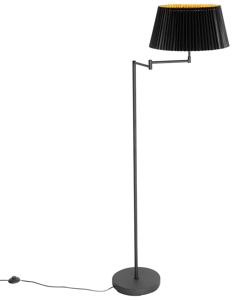 Подова лампа черна с черна плисирана абажура и регулируема ръка - Ladas Deluxe