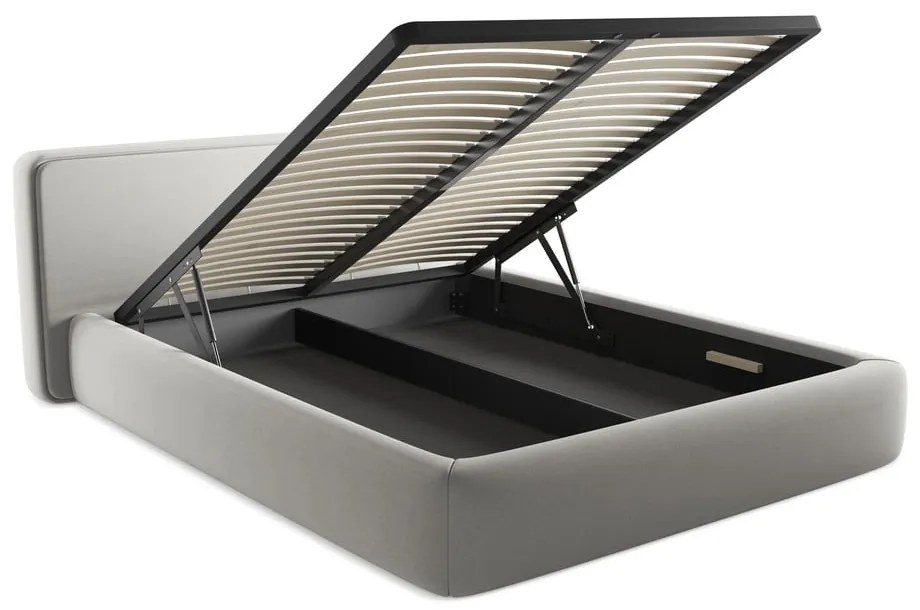 Светлосиво двойно тапицирано легло с място за съхранение и включена подматрачна рамка 160x200 cm Kiana – Makamii