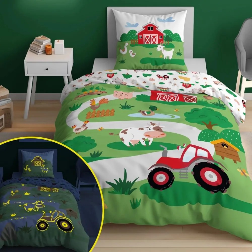 Детско памучно спално бельо, светещо в тъмното - Животни във фермата Ширина: 140 см | Дължина: 200 см