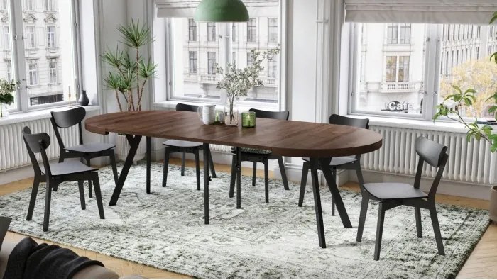 ЕКСПАНСО Кафяв дъб/черни крака - ГОЛЯМА КРЪГЛА МАСА Ø110 РАЗТЕГАТЕЛНА ДО 310 cm С КРАКА Y ЛОФТ/ИНДУСТРИАЛНА