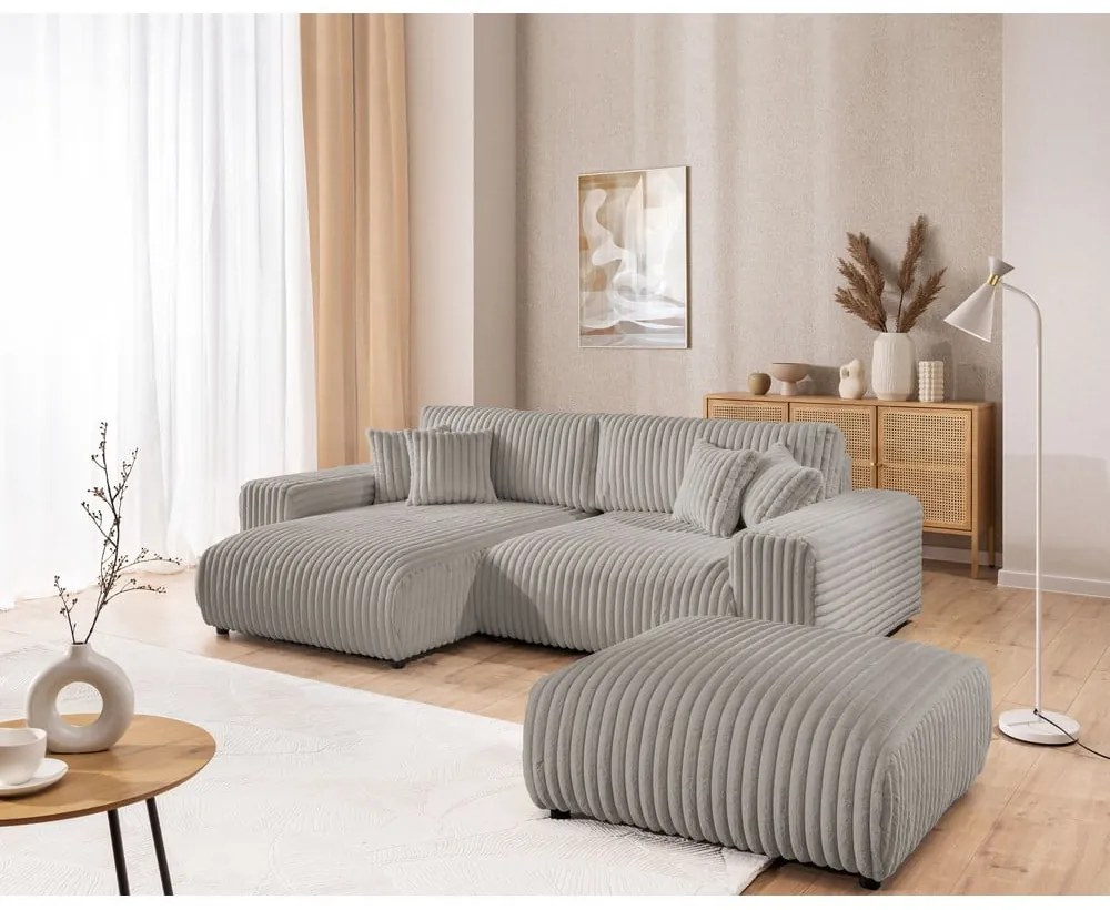 Светлосив разтегателен ъглов диван от рипсено кадифе с място за съхранение (ляв ъгъл) Sarina – Ropez